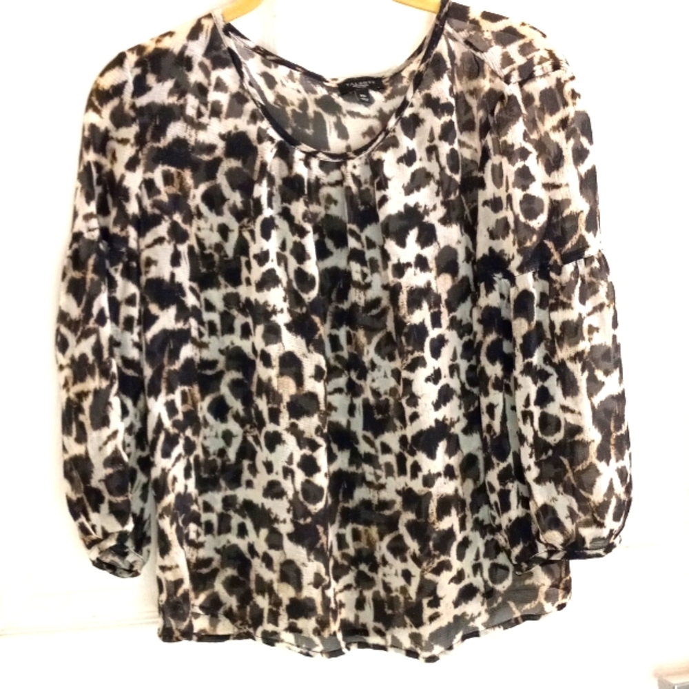 SILK!! Talbots 10P Animal Print Blouse Brown Tan Scoop Neck 3/4 Sleeves …